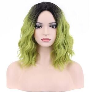 Short Curly Wavy Hair Green Wig Dark Roots Two Tones Middle Part With Wig Cap